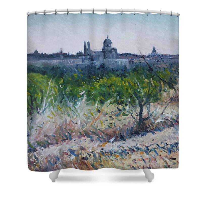 Royal Palace Madrid Shower Curtain featuring the painting Royal Palace Madrid Spain 2016 by Enver Larney