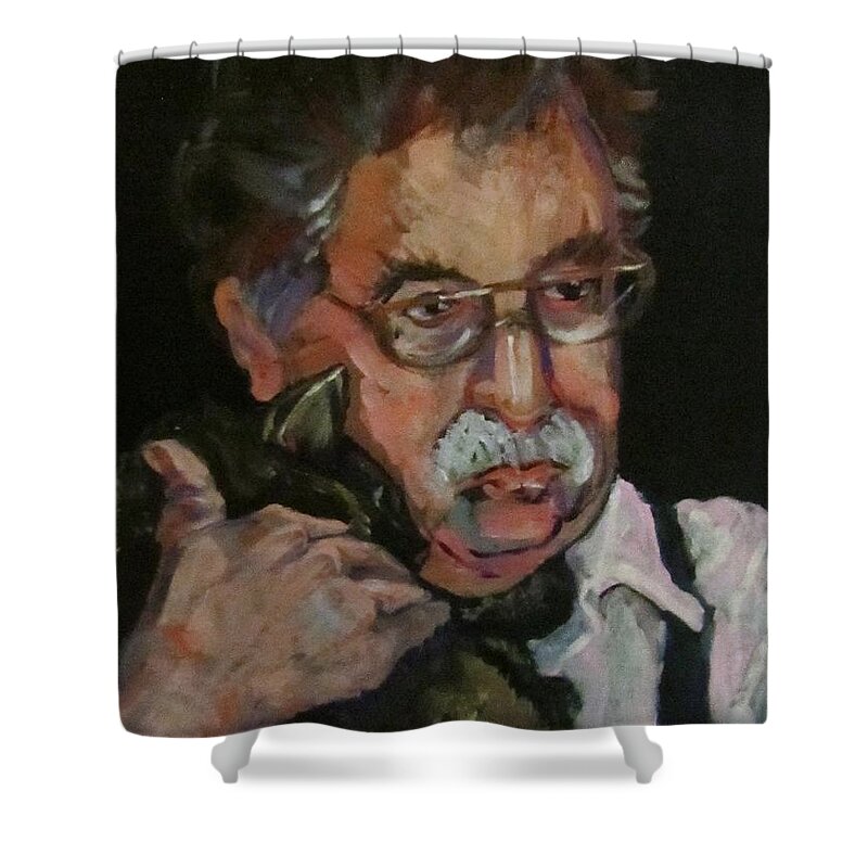 Man Shower Curtain featuring the painting Mr Mustache and his cat by Barbara O'Toole