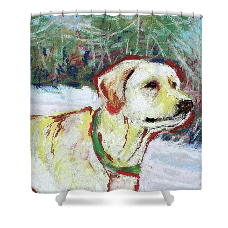 Yellow Lab Shower Curtain featuring the pastel Rudy by AnneMarie Welsh