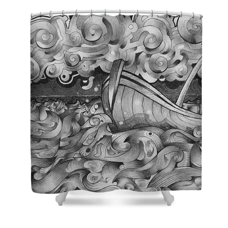 Art Shower Curtain featuring the drawing Ruff Sea by Myron Belfast