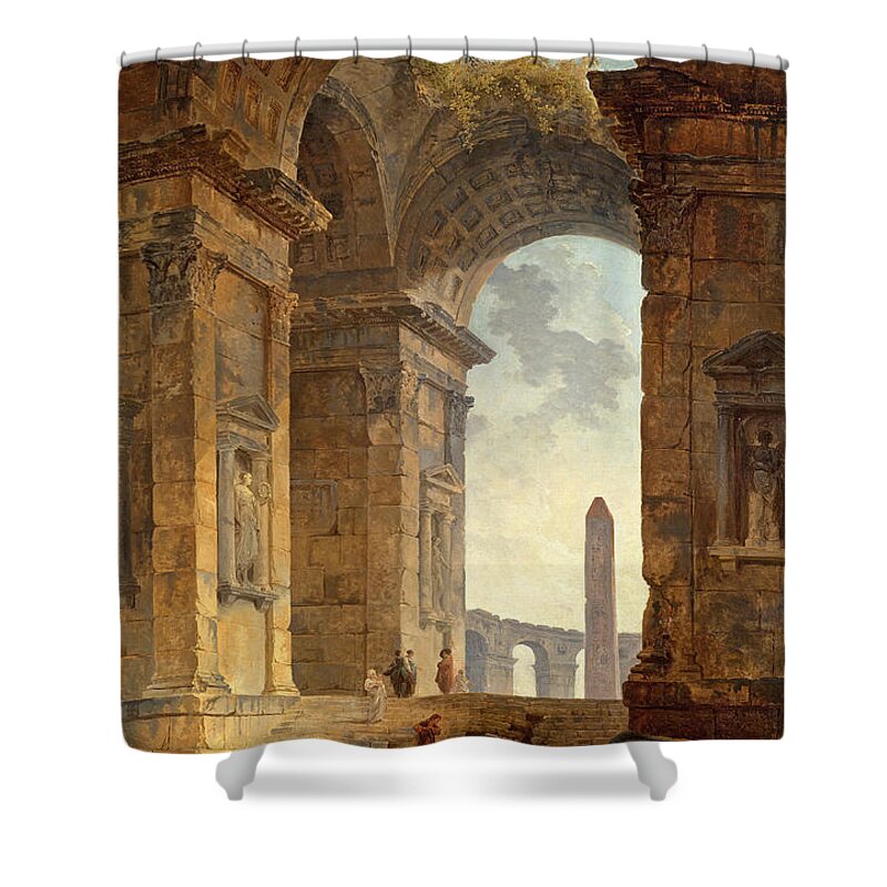 Hubert Robert Shower Curtain featuring the painting Ruins with an Obelisk in the Distance  by Hubert Robert