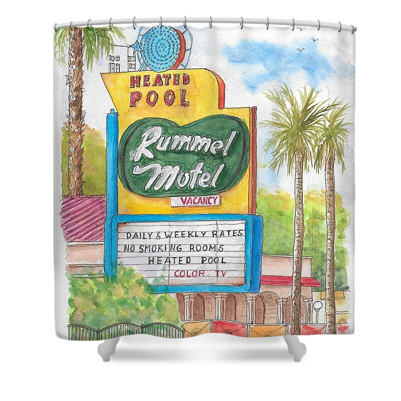 Rummel Motel Shower Curtain featuring the painting Rummel Motel in Las Vegas, Nevada by Carlos G Groppa