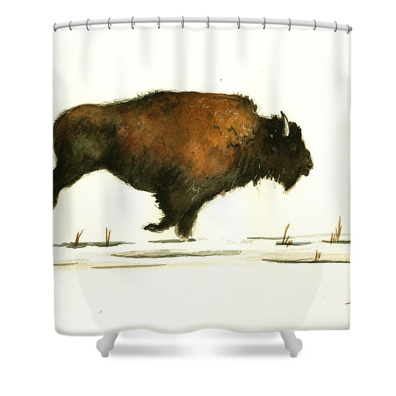 American Buffalo Shower Curtain featuring the painting Running buffalo by Juan Bosco