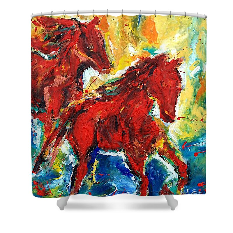 Canvas Print Shower Curtain featuring the painting Running horses by Lidija Ivanek - SiLa