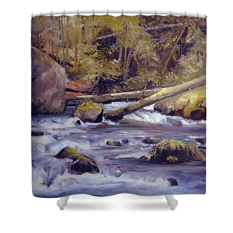 New England Streams Shower Curtain featuring the painting Rushing Water by P Anthony Visco