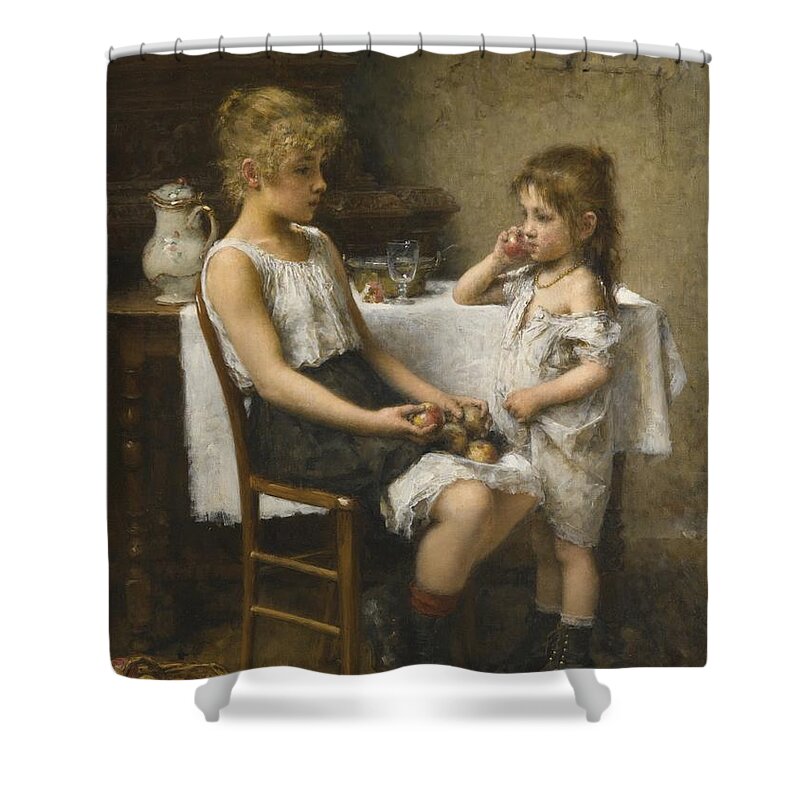 Alexei Harlamoff 1840-1925 Russian Choosing Apples. Woman Shower Curtain featuring the painting Russian Choosing Apples by MotionAge Designs