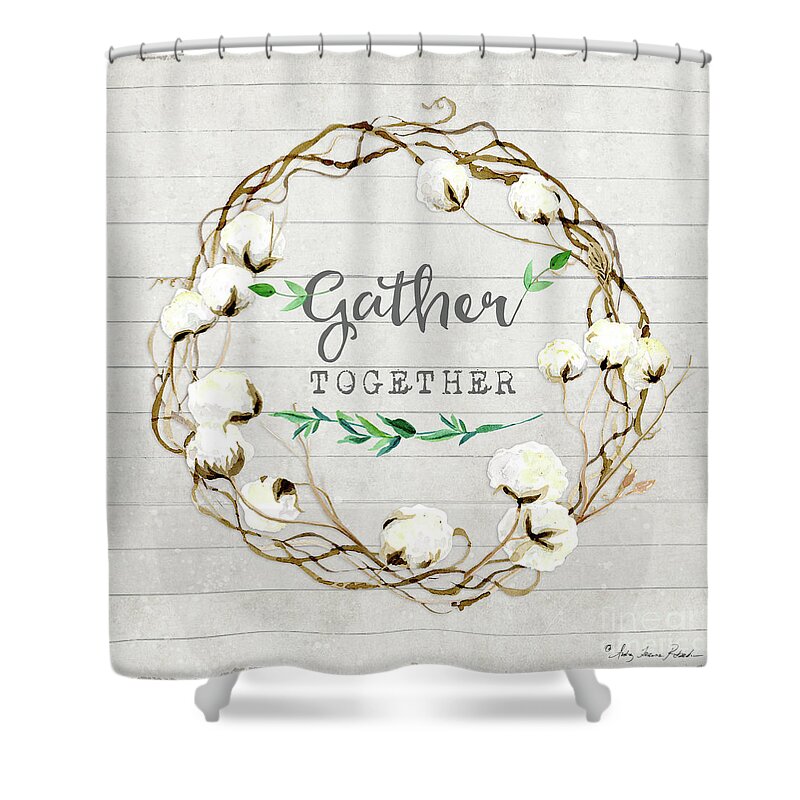 Rustic Shower Curtain featuring the painting Rustic Farmhouse Cotton Boll Wreath 1 by Audrey Jeanne Roberts