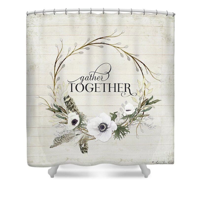 Gather Together Shower Curtain featuring the painting Rustic Farmhouse Gather Together Shiplap Wood Boho Feathers n Anemone Floral 2 by Audrey Jeanne Roberts