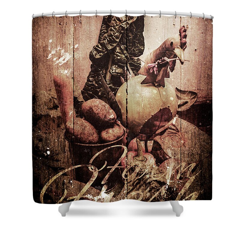 Tin Sign Shower Curtain featuring the photograph Rustic kitchen tin sign by Jorgo Photography