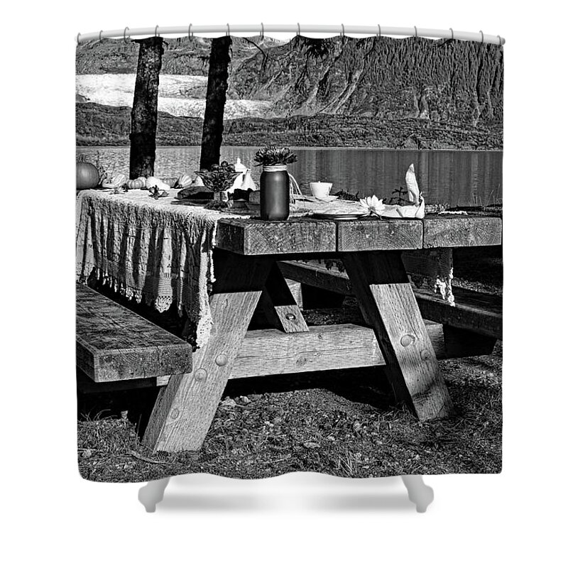 Picnic Table Shower Curtain featuring the photograph Rustic Tea Table Monochrome by Cathy Mahnke