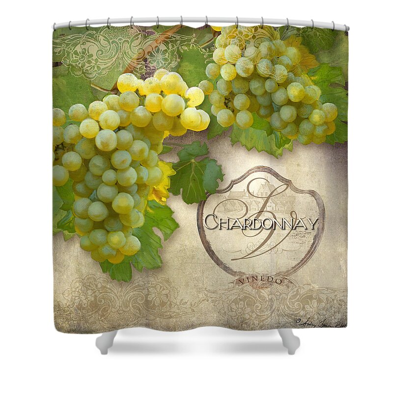 Chardonnay Shower Curtain featuring the painting Rustic Vineyard - Chardonnay White Wine Grapes Vintage Style by Audrey Jeanne Roberts