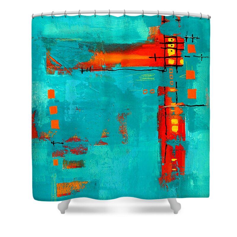 Turquoise Abstract Shower Curtain featuring the painting Rusty by Nancy Merkle