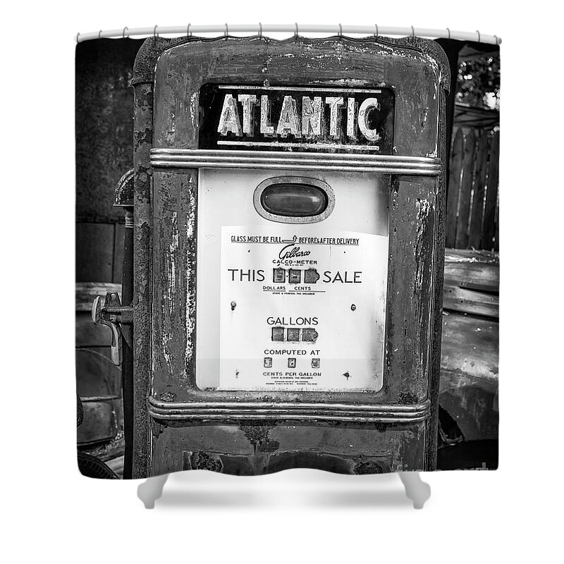Pump Shower Curtain featuring the photograph Rusty Old Vintage Atlantic Gas Pump Black and White by Edward Fielding
