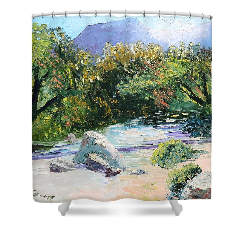 Landscape Shower Curtain featuring the painting Sabino Canyon in the morning by Madeleine Shulman