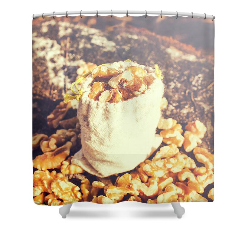 Food Shower Curtain featuring the photograph Sack of country walnuts by Jorgo Photography