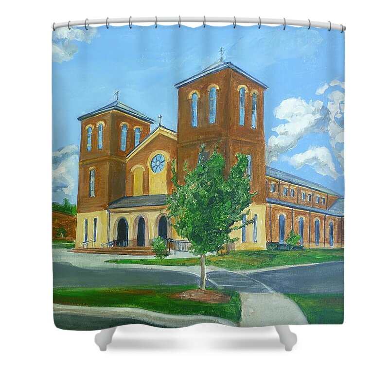  Catholic Shower Curtain featuring the painting Sacred Heart Catholic Church Salisbury North Carolina by Bryan Bustard
