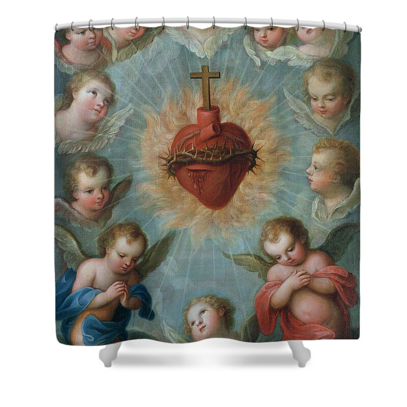 Thorns Shower Curtain featuring the painting Sacred Heart of Jesus surrounded by angels by Jose de Paez