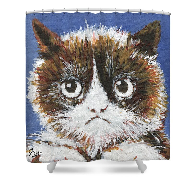 Sad Animal Shower Curtain featuring the painting Sad Cat by Stan Kwong
