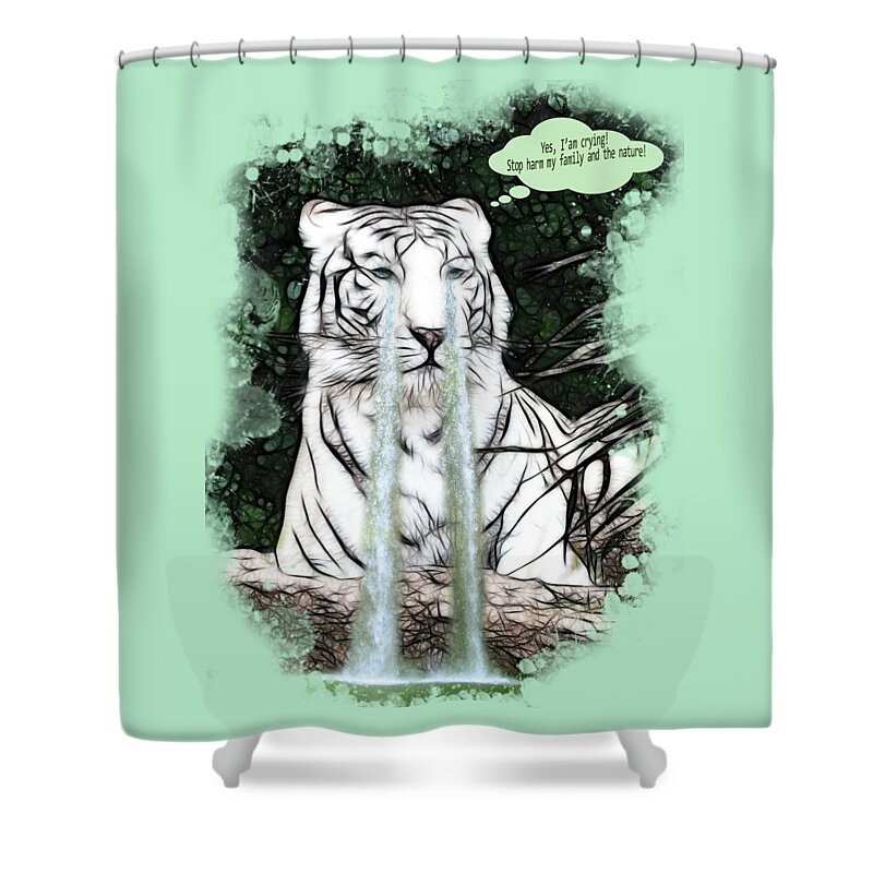 White Tiger Shower Curtain featuring the painting Sad White Tiger Typography by Georgeta Blanaru