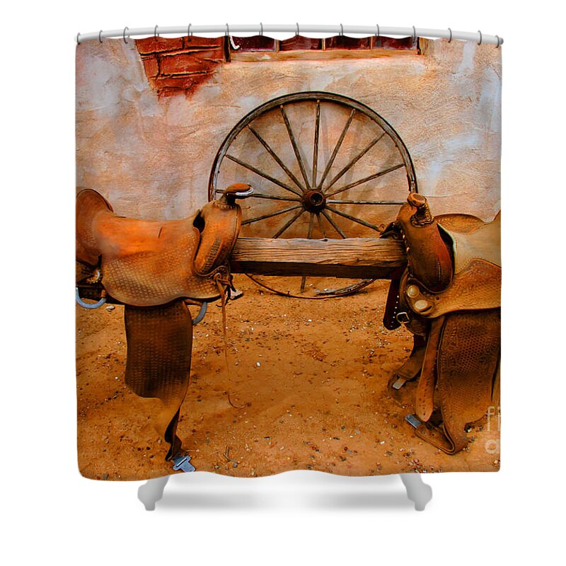 Canyon Creek Ranch Shower Curtain featuring the photograph Saddle Town by Tap On Photo