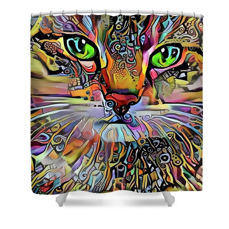 Abstract Cat Shower Curtain featuring the digital art Sadie the Colorful Abstract Cat by Peggy Collins