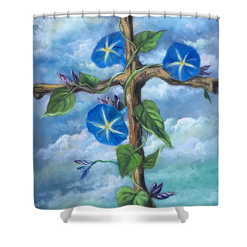 Morning Glory Shower Curtain featuring the painting Heavenly Blue by Rand Burns