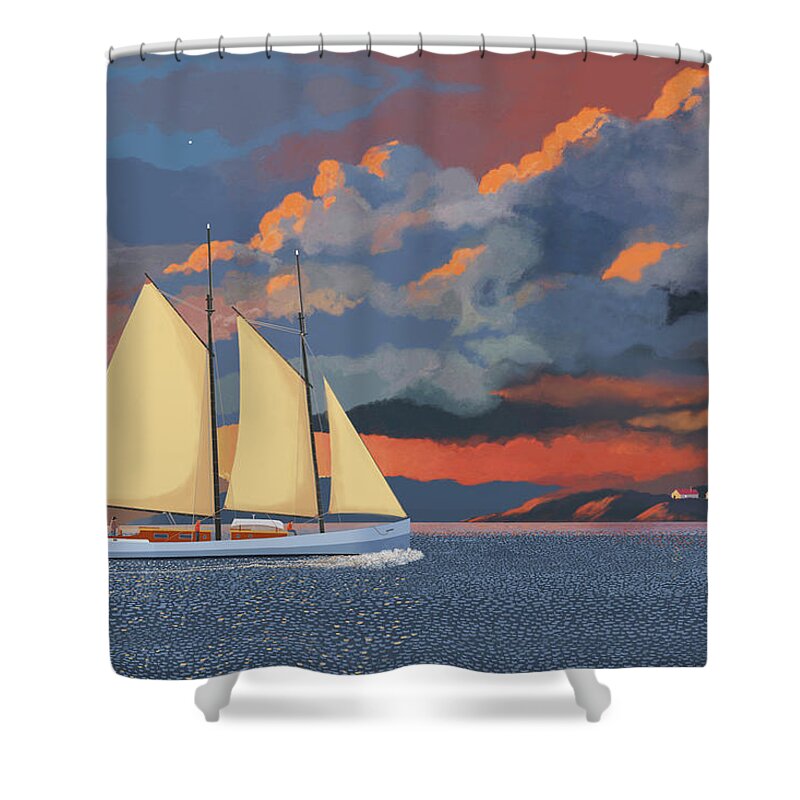 Schooner Yawl Sloop Ketch Sailing Sailor Ship Boat Freighter Sailing Ocean Sea Lake Stream River Cargo Storm Stormy Clouds Thunder Lightening Shower Curtain featuring the digital art Safe haven by Gary Giacomelli