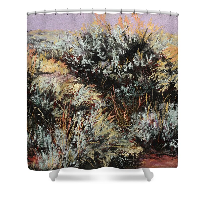 Sagebrush Shower Curtain featuring the painting Sage and Shadows by Sandi Snead