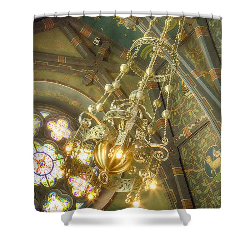Sage Chapel Shower Curtain featuring the photograph Sage Chapel Ceiling and Light by Stephen Stookey