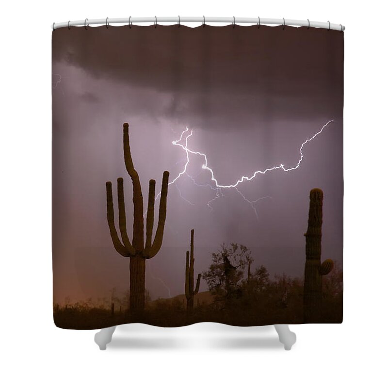 Lightning Shower Curtain featuring the photograph Saguaro Southwest Desert Lightning Air Strike by James BO Insogna