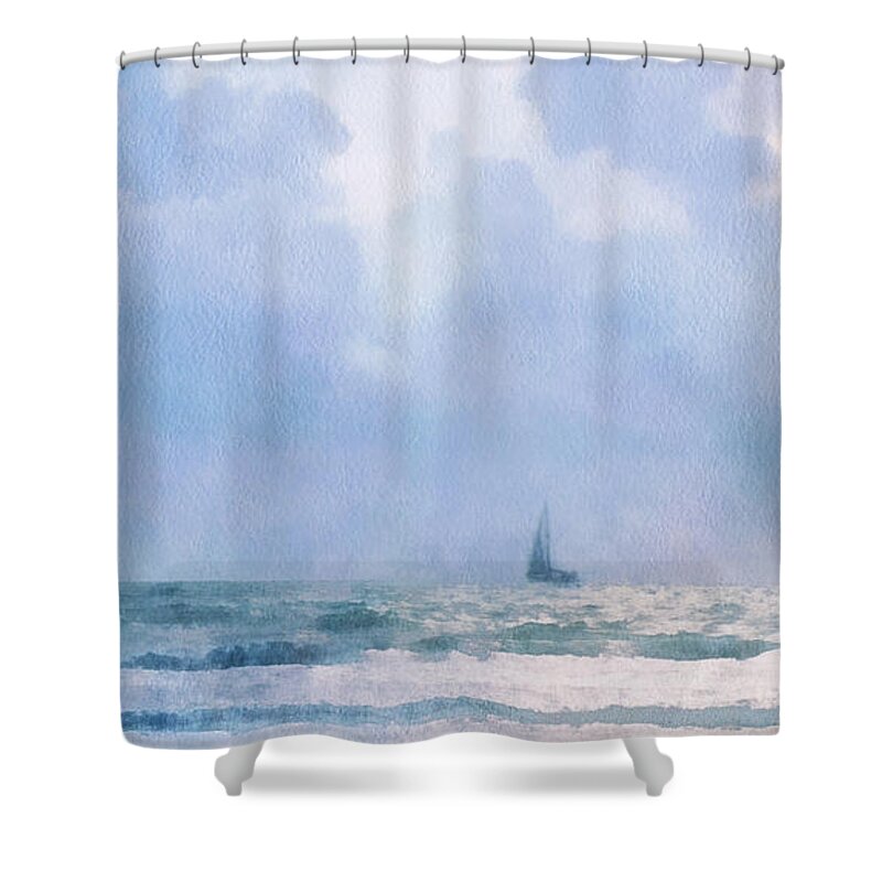 Sail Sailboat Ship Sea Ocean Sky Lonely Sailing Trip Clouds Shower Curtain featuring the digital art Sail at Sea by Frances Miller