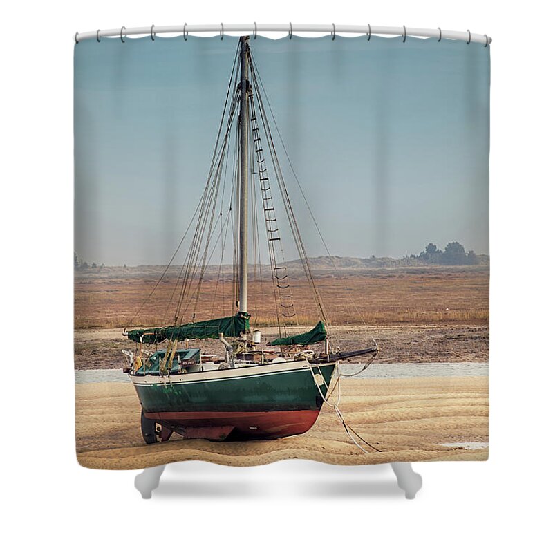 Wells Shower Curtain featuring the photograph Norfolk sail boat stranded at low tide by Simon Bratt