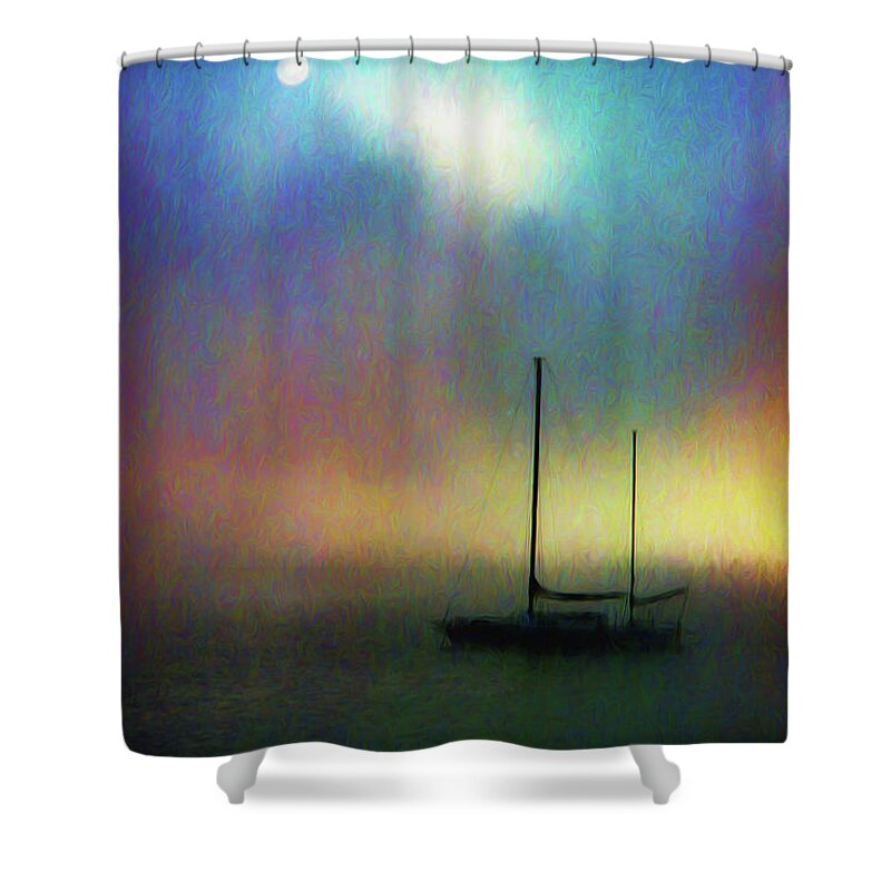 Seascape Shower Curtain featuring the mixed media Sailboat at Sunset by John A Rodriguez