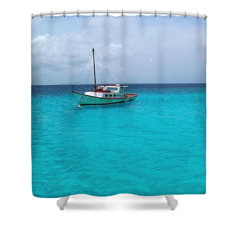 Sailboat Shower Curtain featuring the photograph Sailboat Drifting in the Caribbean Azure Sea by Amy McDaniel