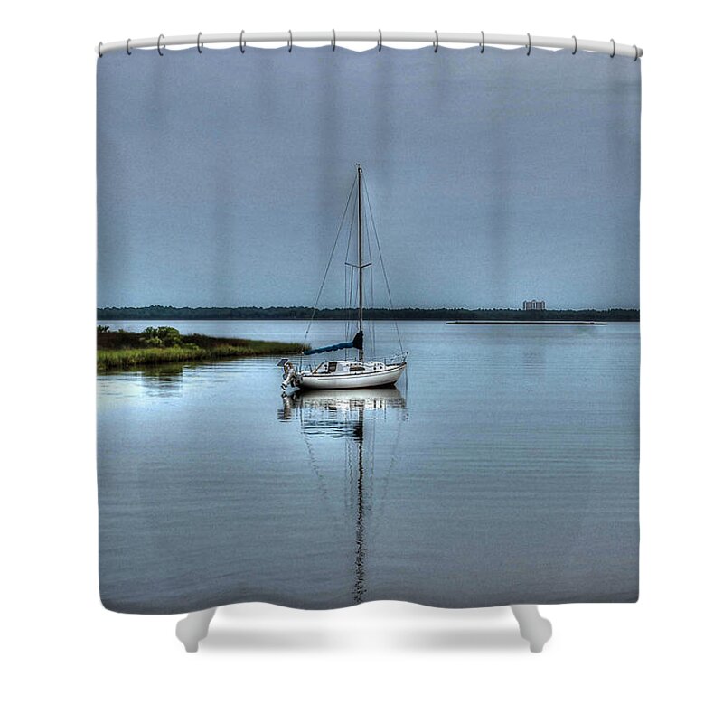 Alabama Photographer Shower Curtain featuring the digital art Sailboat off Plash by Michael Thomas