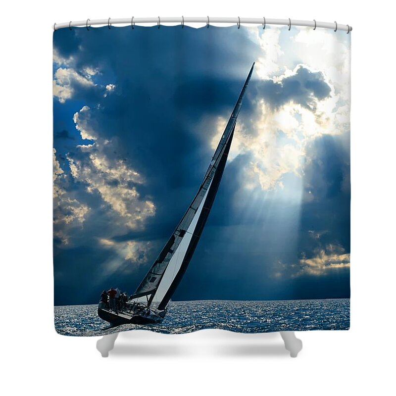 Photography Shower Curtain featuring the photograph Sailing boats at sea , Photography , by Jean Francois Gil
