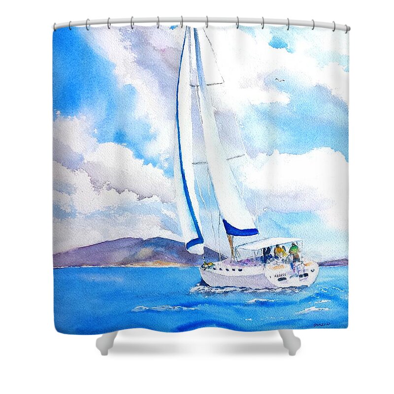 Sailboat Shower Curtain featuring the painting Sailing the Islands by Carlin Blahnik CarlinArtWatercolor