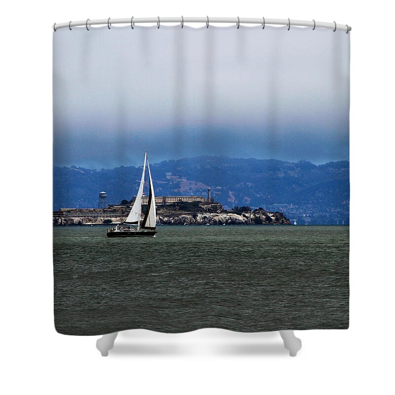Bonnie Follett Shower Curtain featuring the photograph Sailing Under the Fog by Bonnie Follett