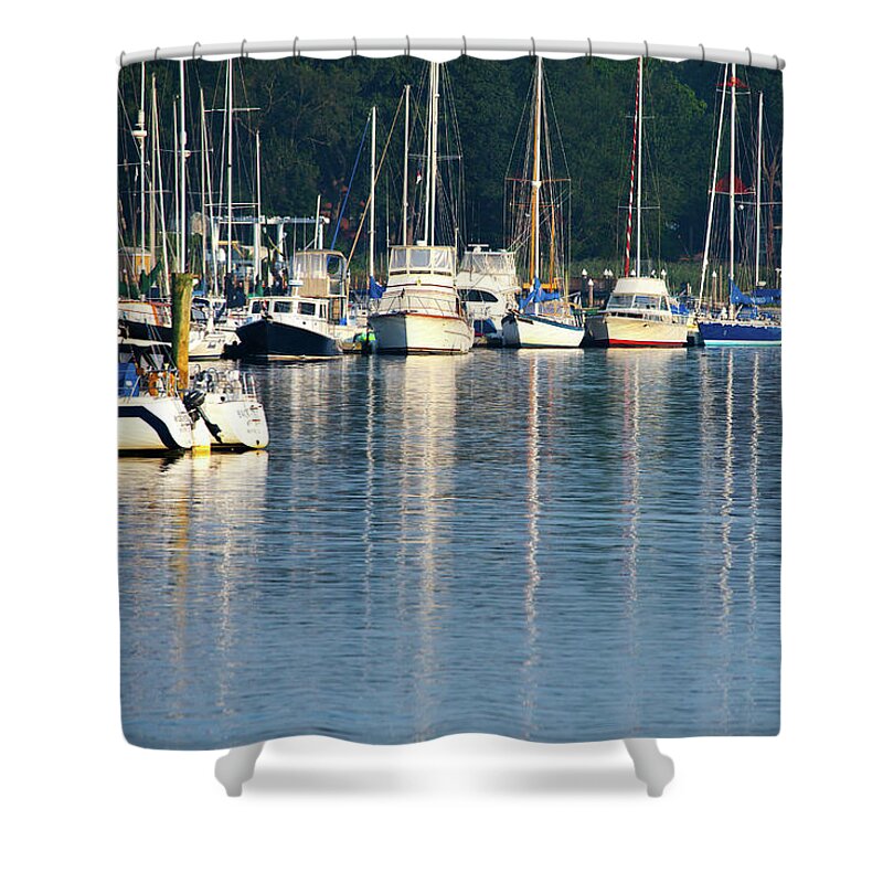 Sails At Dock Shower Curtain featuring the photograph Sails At Dock by Karol Livote