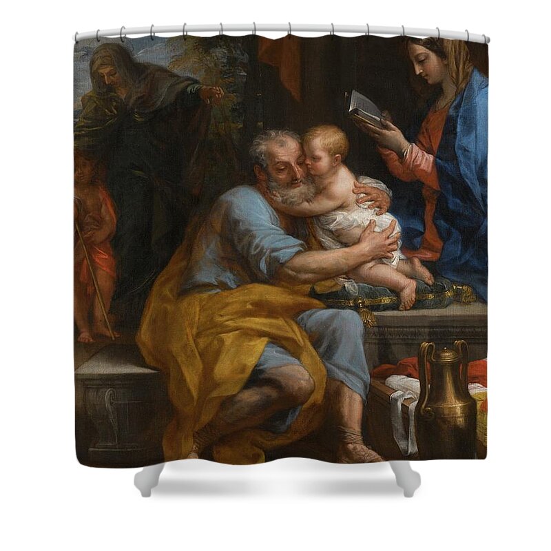 Carlo Maratta The Holy Family Shower Curtain featuring the painting Saint Joseph Embracing The Christ Child by Carlo Maratta