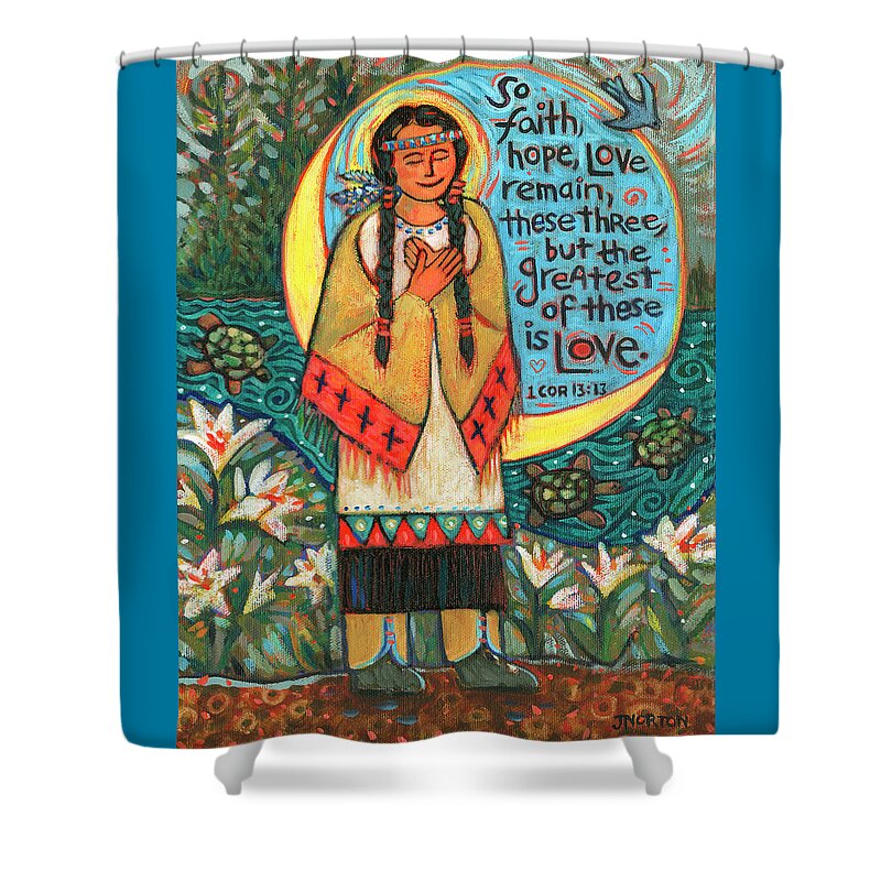 Jen Norton Shower Curtain featuring the painting Saint Kateri Tekakwitha by Jen Norton