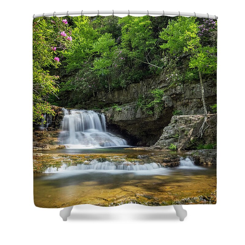 Spring Shower Curtain featuring the photograph Saint Mary's Falls Among the Rododendrons by Karen Jorstad