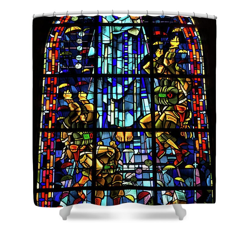 Sainte-mere-eglise Shower Curtain featuring the photograph Sainte-Mere-Eglise Paratrooper Tribute Stained Glass Window by John Daly