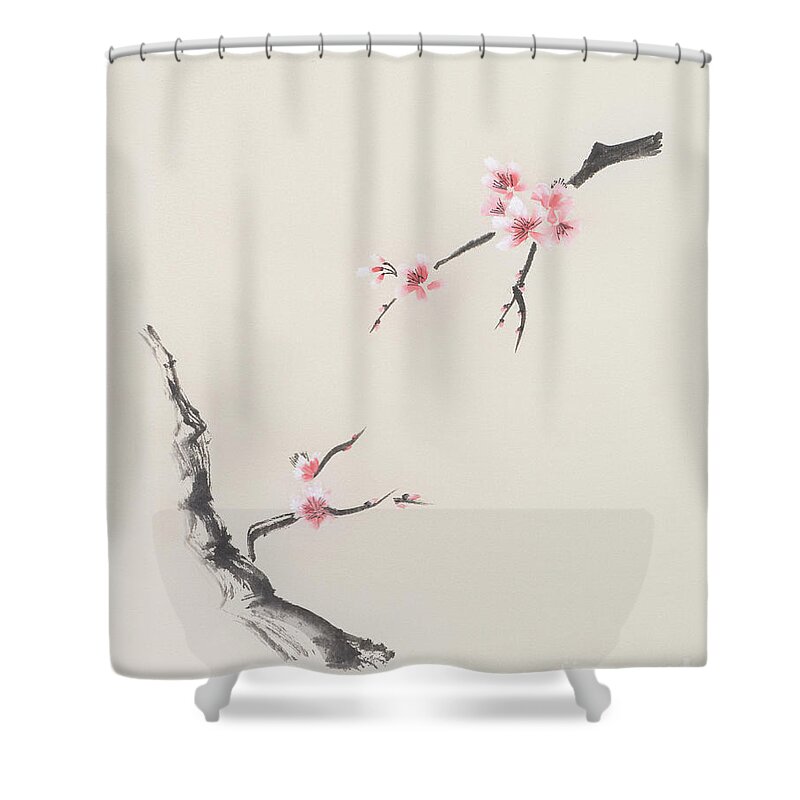 Asian Shower Curtain Cherry Blossoms and Boat Print for Bathroom 