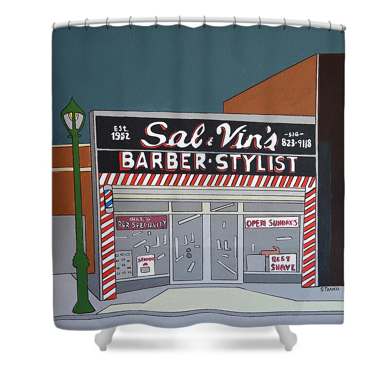 Valley Stream Shower Curtain featuring the painting Sal and Vin's by Mike Stanko