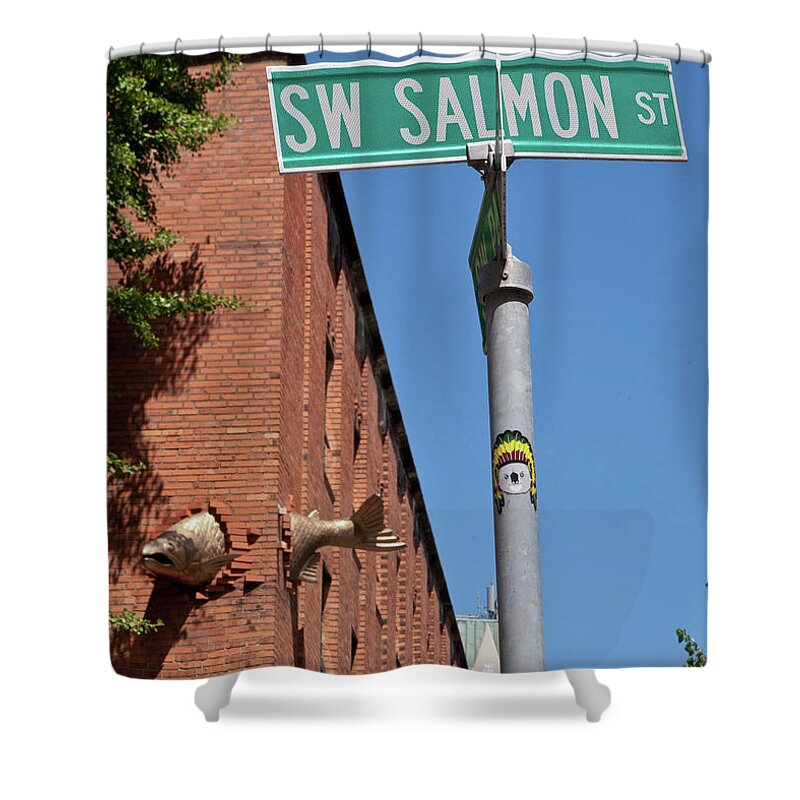 Urban Shower Curtain featuring the photograph Salmon through a building by Frank DiMarco
