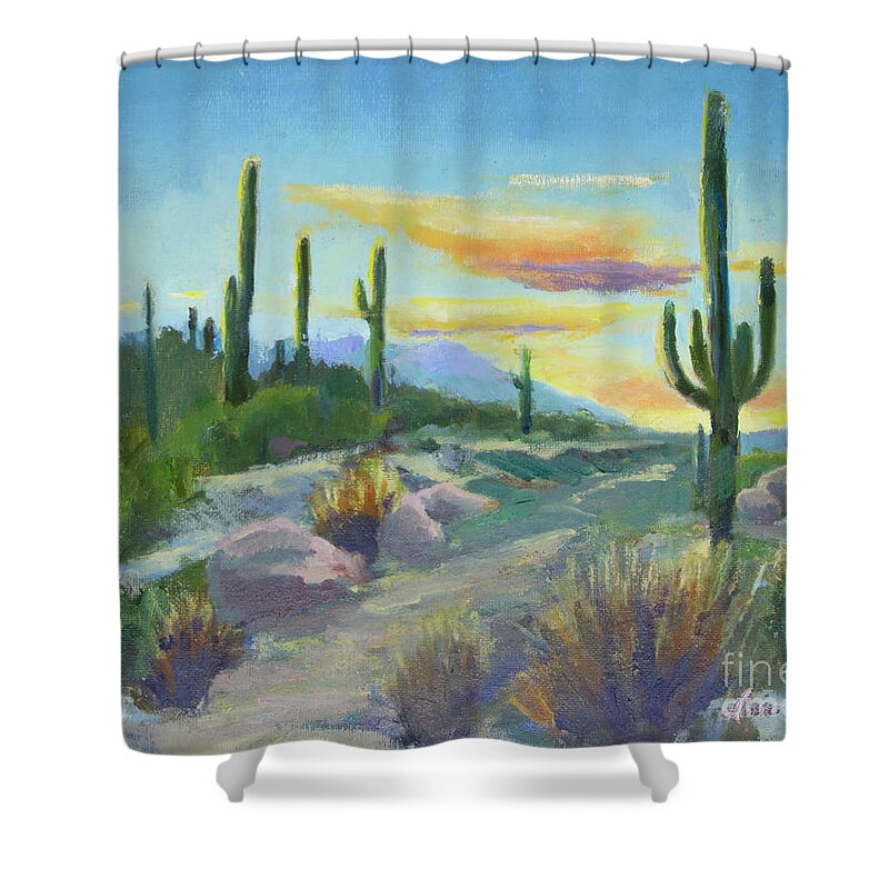 Sonoran Sun Shower Curtain featuring the painting Salutation to the Tucson Sun by Maria Hunt