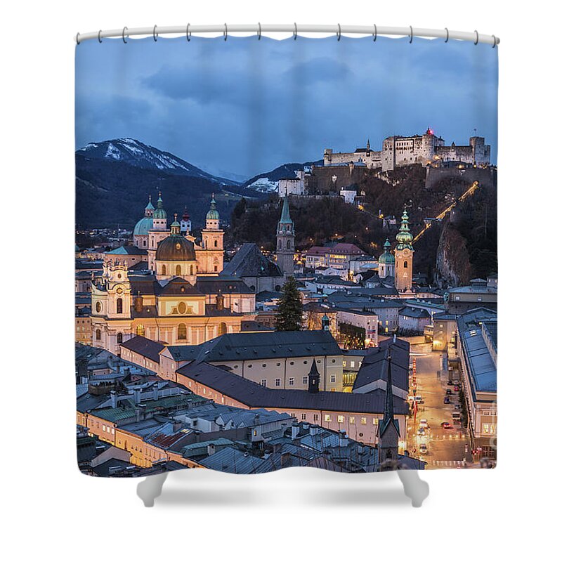 Copy Space Shower Curtain featuring the photograph Salzburg skyline at twilight by Travel and Destinations - By Mike Clegg