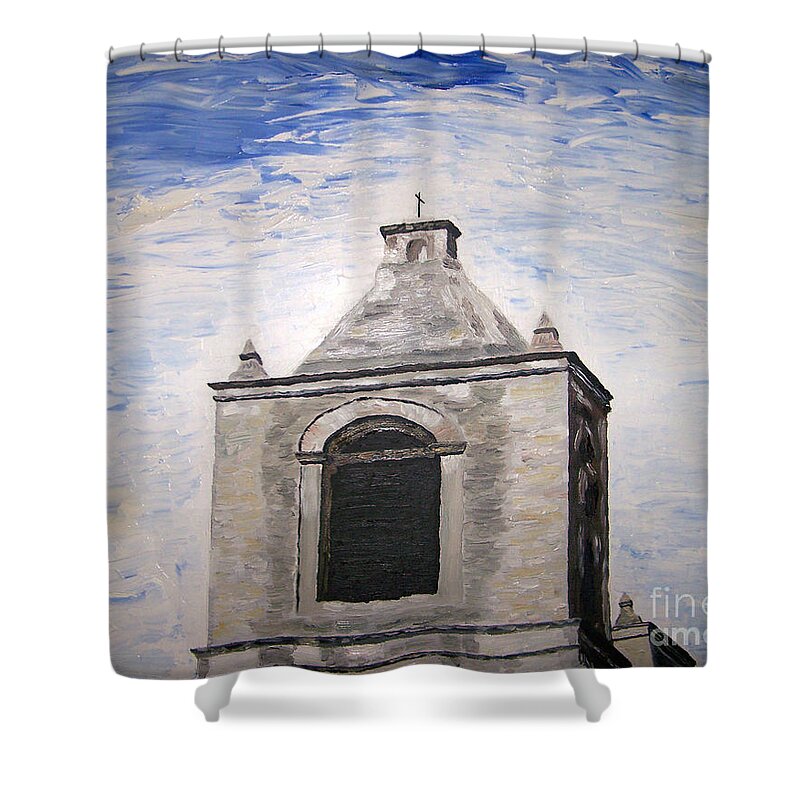 San Antonio Shower Curtain featuring the painting San Antonio Belltower by Kevin Croitz
