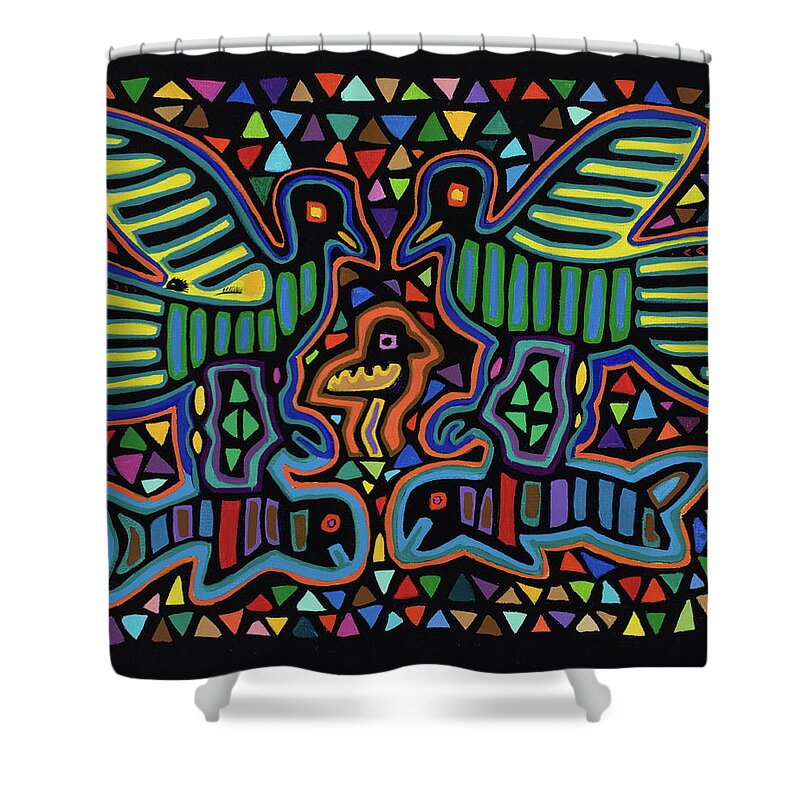 San Blas Designs Trapunto Quilts Acrylic Painting Ancient Designs Mole Primitive Painting Primitive Design Black Green Blue Yellow Shower Curtain featuring the painting San Blas III by Pat Saunders-White